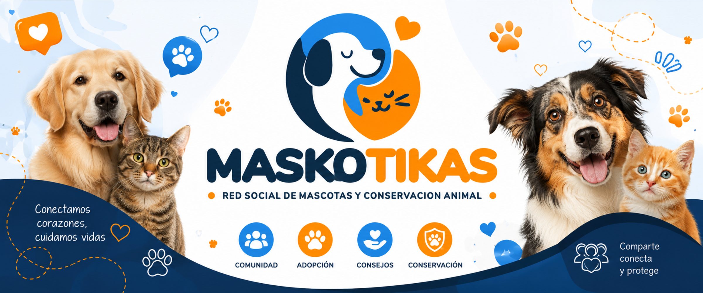Perros y gatos felices junto al logo de Maskotikas: comunidad, adopción, consejos y conservación